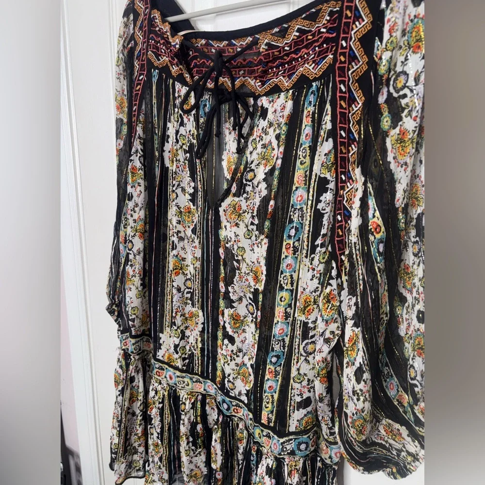 Free People Boho Peasant Dress Size Large Sheer Floral Metallic Thread Tiered - Picture 2 of 3